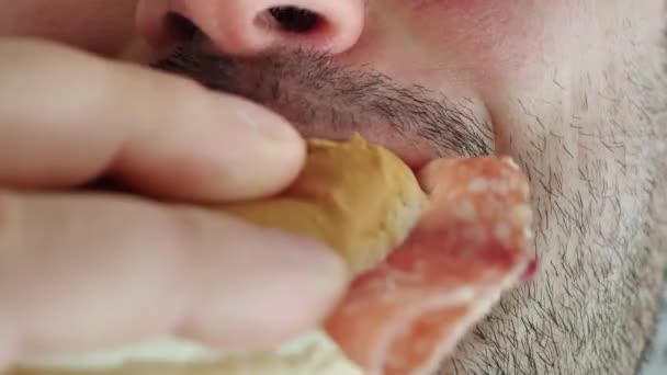 Um homem a comer um hambúrguer. plano de perto — Vídeo de Stock