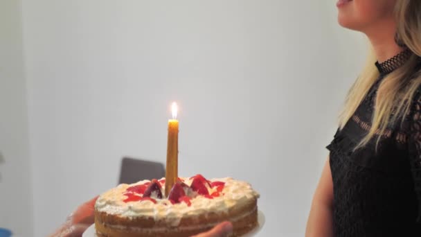 生日的女孩吹灭了蛋糕上的蜡烛 — 图库视频影像