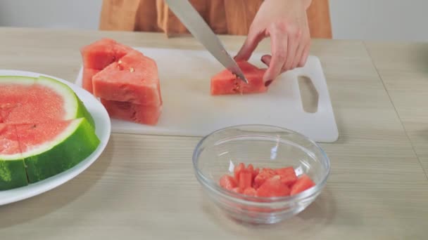 A nő szeletekre vágja a görögdinnyét, közeli videó — Stock videók