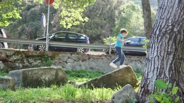 Menino pula em uma pedra no parque — Vídeo de Stock