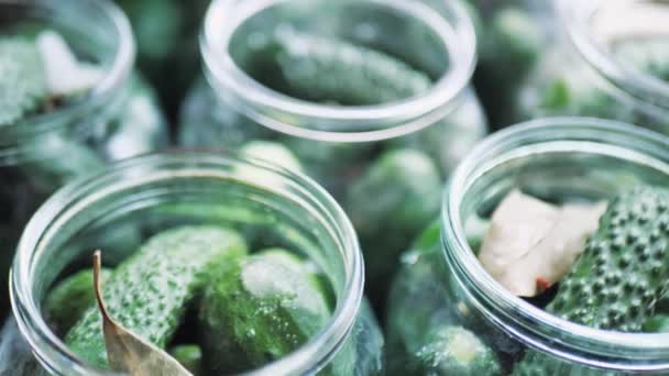 Cucumbers in jars are returned to the table. close up — Stockvideo