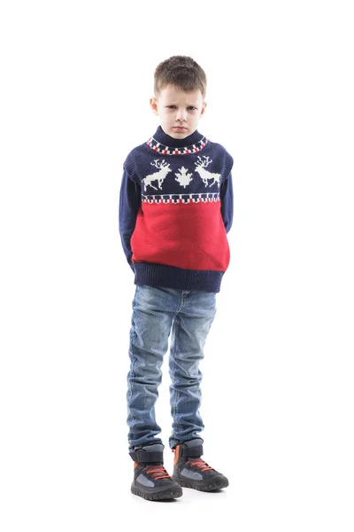 Angry Cute Young Boy Child Christmas Sweater Looking Camera Frustrated — Stock Photo, Image