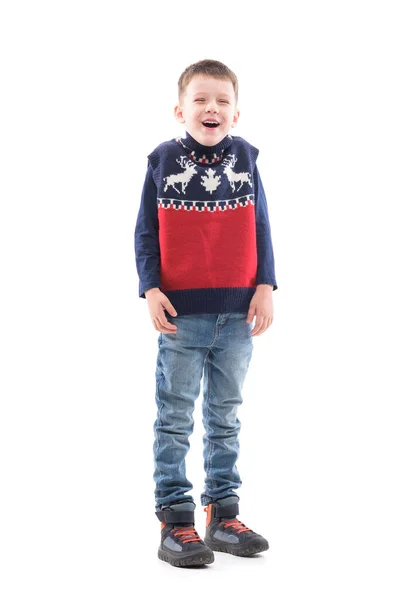 Unga Pojke Barn Skrattar Högt Och Uppriktig Jultröja Helkroppsporträtt Isolerad — Stockfoto