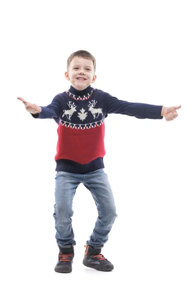 Emozionato Ragazzo Guardando Alto Mostrando Pollici Maglione Natale Ritratto Corpo — Foto Stock