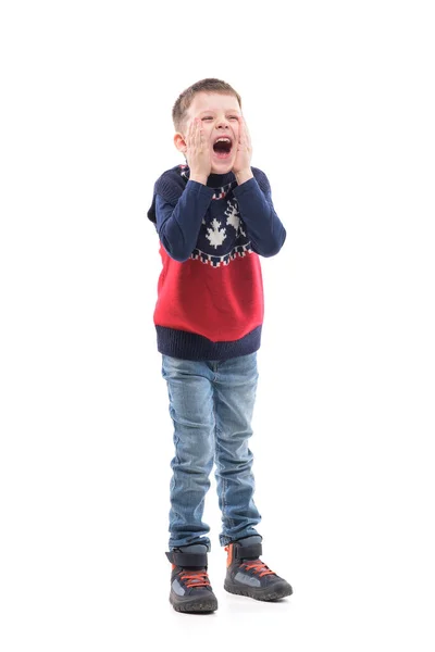 Livlig Skrattande Ung Pojke Skriker Med Händerna Ansiktet Tittar Upp — Stockfoto