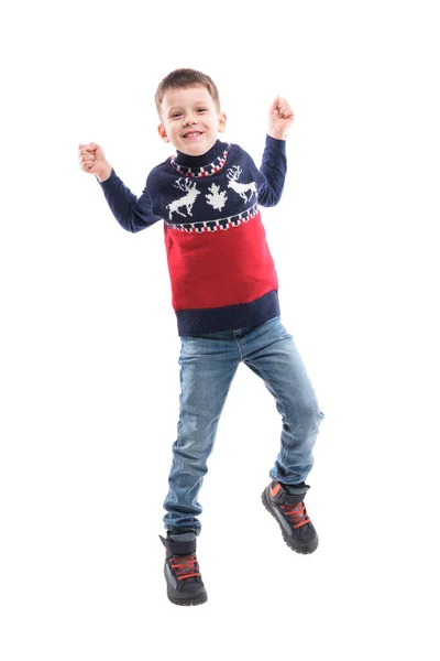 Emocionado Niño Pequeño Celebrando Saltando Con Las Manos Levantadas Mirando —  Fotos de Stock