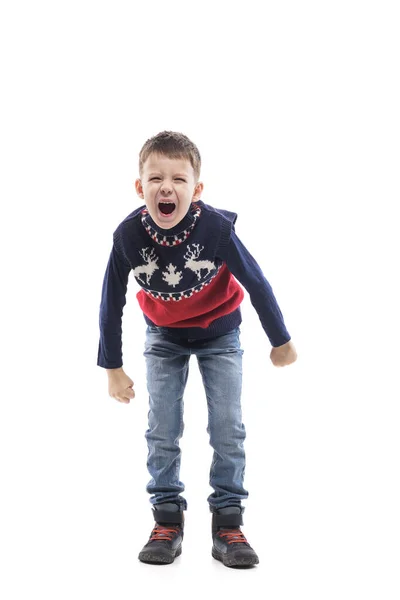 Expressieve Gefrustreerde Kleine Jongen Schreeuwend Schreeuwend Naar Camera Met Gebalde — Stockfoto