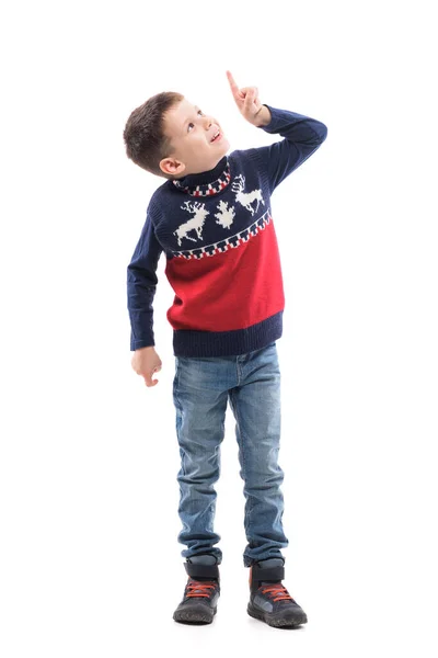 Gelukkig Enthousiast Jong Kind Kerstmis Trui Met Behulp Van Virtual — Stockfoto