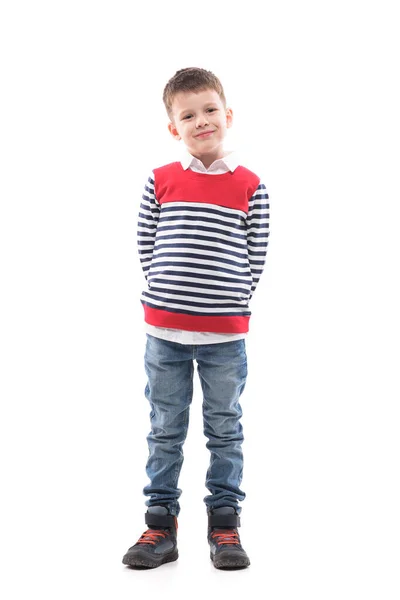 Lindo Elegante Encantador Niño Fresco Suéter Posando Con Las Manos —  Fotos de Stock
