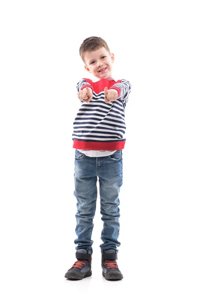 Ragazzino Felice Sorridente Guardando Fotocamera Puntare Dito Verso Ritratto Corpo — Foto Stock