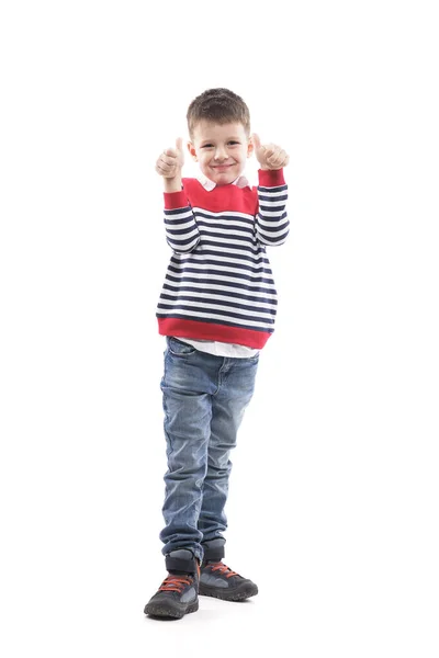 Gelukkige Succesvolle Kleine Jongen Die Naar Camera Kijkt Duimen Laat — Stockfoto