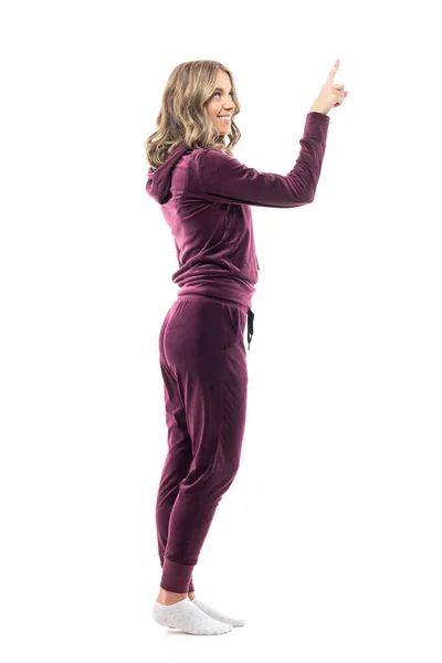 Side View Happy Casual Woman Comfy Clothes Pointing Finger Using — Stock Photo, Image