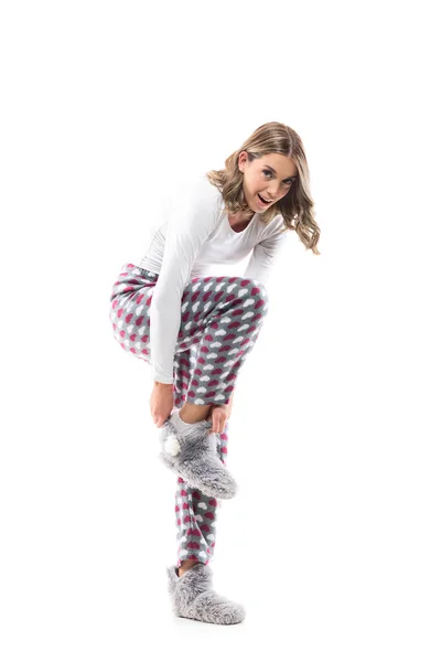 Amazed Beautiful Girl Getting Dressed Comfy Pajama Fluffy Slippers Looking — Stock Photo, Image