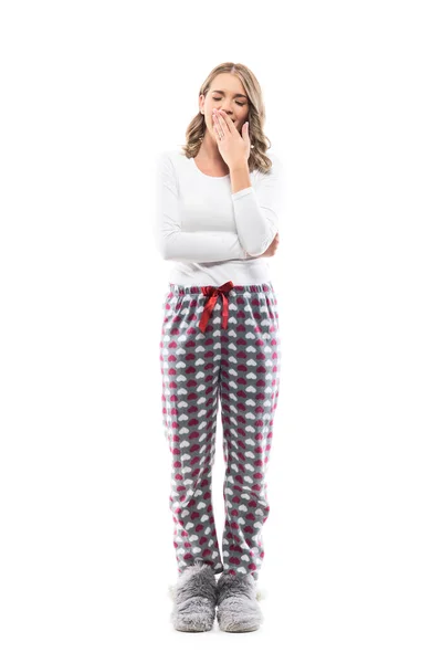Tired Young Woman Cozy Domestic Pajama Slippers Yawning Closed Eyes — Stock Photo, Image
