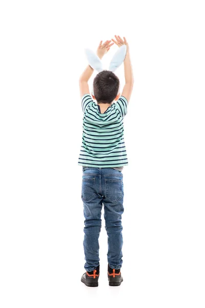 Achteraanzicht Van Jonge Jongen Met Paashaas Oren Zwaaiende Handen Roepen — Stockfoto