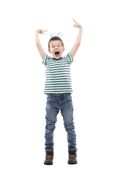 Joyeux Jeune Enfant Excité Avec Des Oreilles Lapin Pâques Pointant — Photo