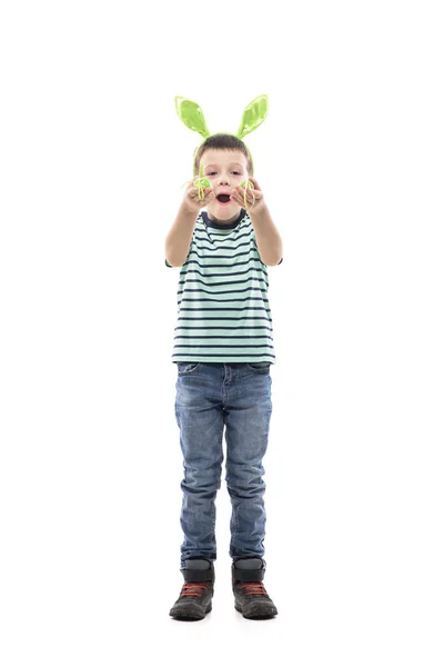 Eccitato Stupito Bambino Con Orecchie Coniglio Possesso Due Uova Pasqua — Foto Stock