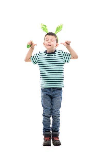 Vrolijk Grappig Kind Met Paashaas Oren Die Gezicht Grimas Met — Stockfoto