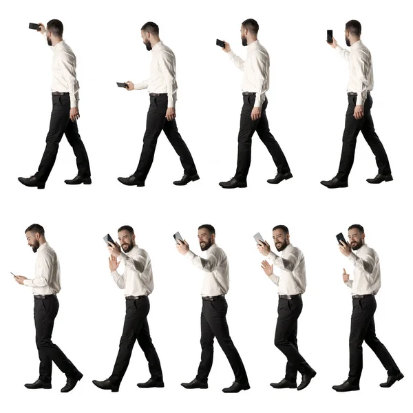 Conjunto Vista Lateral Hombre Negocios Caminando Utilizando Teléfono Filmación Vídeo — Foto de Stock