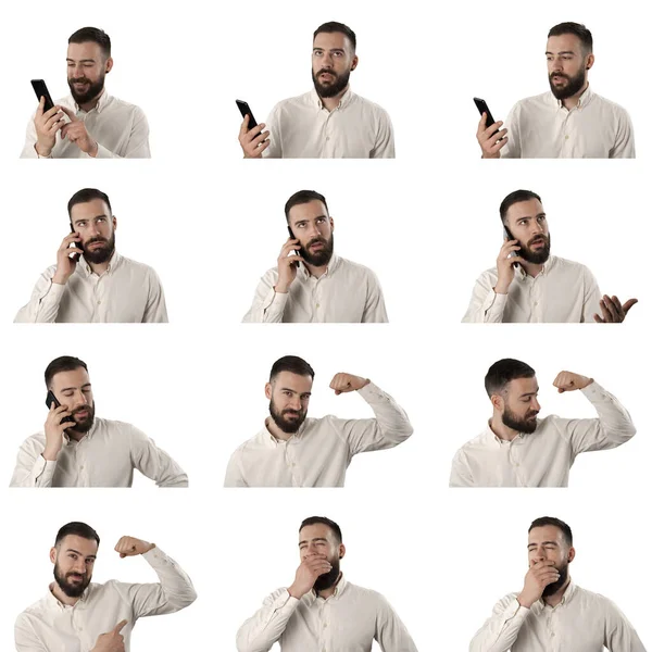 Conjunto Expresiones Hombre Negocios Descontentos Teléfono Flexionando Bíceps Bostezando Somnoliento — Foto de Stock