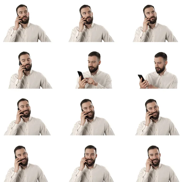 Set Confident Happy Business Man Using Talking Phone Laughing Portraits — Stock Photo, Image