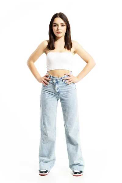 Mujer Elegante Joven Linda Segura Misma Jeans Top Verano Con — Foto de Stock