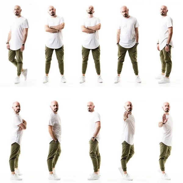 Set of serious displeased and sad bald bearded man in different posing and gestures. Full body people isolated on white background