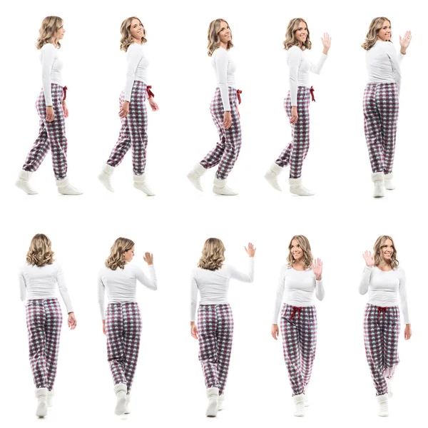 Collage Unga Kvinnor Pyjamas Promenader Och Hälsning Glad Och Ledsen — Stockfoto
