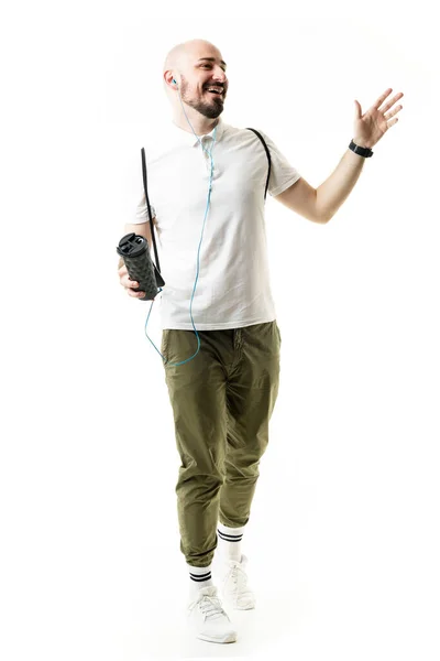 Happy Excited Stylish Hipster Geek Man Walking Greeting Cellphone Earphones — Stock Photo, Image