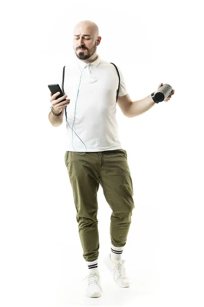 Feliz Hipster Geek Calvo Elegante Bailando Escuchando Música Con Auriculares — Foto de Stock