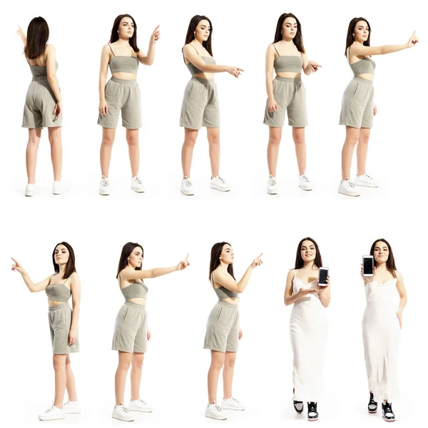 Collection Gen Young Women Using Touch Screen Various Gestures Showing Stockbild