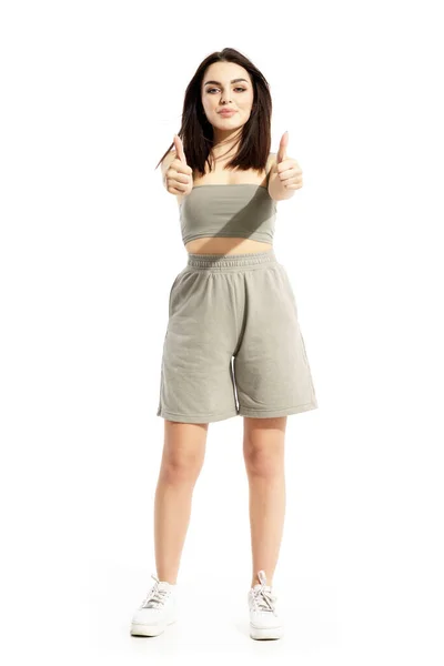 Happy Confident Summer Gen Girl Showing Approval Thumbs Camera Full — Stock Photo, Image