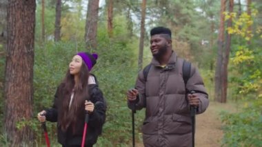 Çok ırklı yürüyüşçüler doğada sırt çantasıyla gezerler.