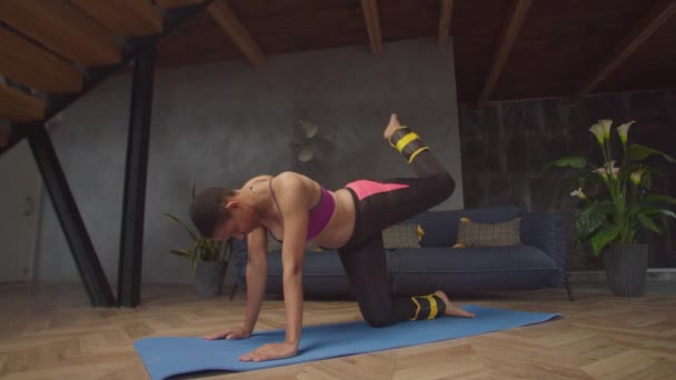 Femme en forme sportive faisant l'exercice de coup de pied d'âne intérieur — Video