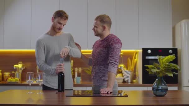 Romantik gay aşıklar için bardağa şarap dolduruyor — Stok video