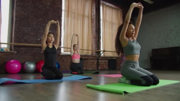 Mulheres fitness multirracial fazendo exercício stretch — Vídeo de Stock