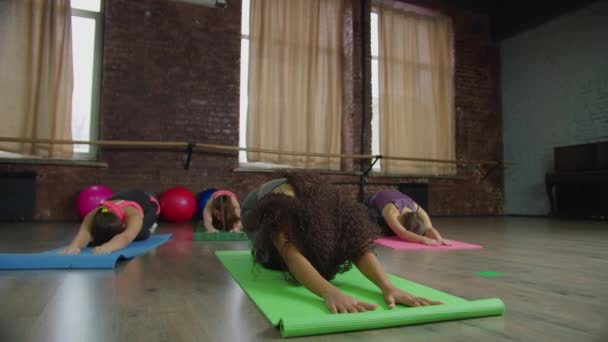 Mulheres yogi multiétnicas fazendo cão virado para cima — Vídeo de Stock