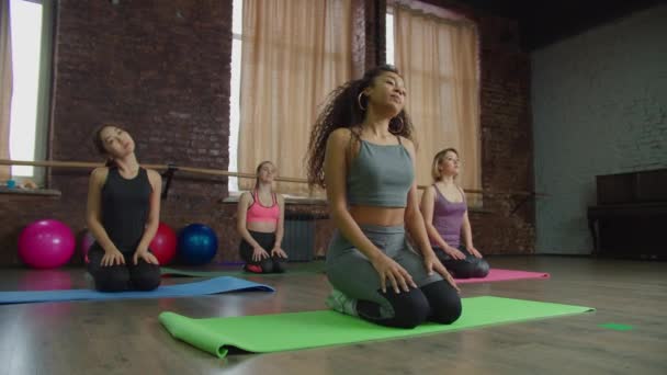 Grupo de mulheres desportivas fazendo exercício de aquecimento interior — Vídeo de Stock