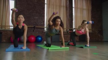 Türlü türlü formda kadınlar halterli köpek egzersizi yapıyor.