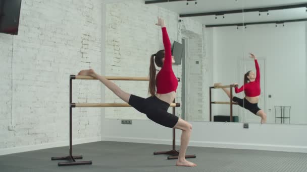 Sporty female doing barre workout in fitness studio — Stock video