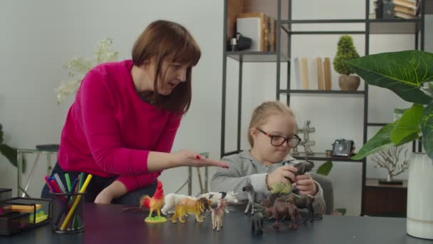 Child with disability and mom involved in cognitive game — Stock Video