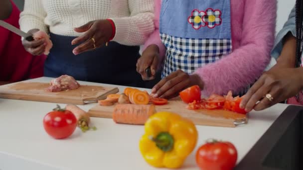 Preciosas hermanas adolescentes negras ayudando a la madre a preparar la comida — Vídeos de Stock