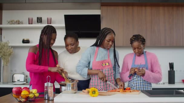 Familia afroamericana unida cocinando en cocina doméstica — Vídeo de stock