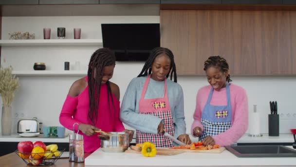 Cuidando negro adolescente hermanas sorprendiendo mamá por cocinar comida — Vídeo de stock