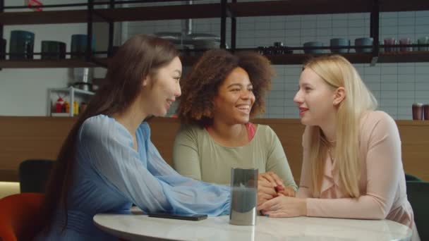 Conversación amistosa de mujeres bastante diversas durante el almuerzo — Vídeos de Stock