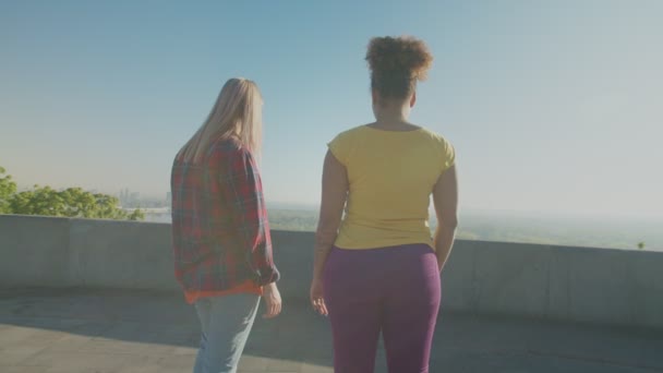 Люблячі багаторасові одностатеві коханці тримають руки на сході сонця — стокове відео