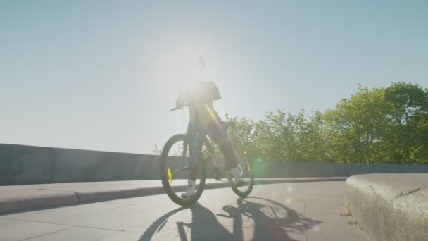 Muito feminino ciclista inclinado na bicicleta guiador mensagens de texto no celular ao amanhecer — Vídeo de Stock