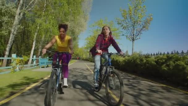 Милые многонациональные женщины, катающиеся на велосипедах в общественном парке — стоковое видео