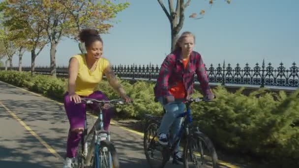 Портрет активных многонациональных подруг, катающихся на велосипеде по парковой аллее — стоковое видео