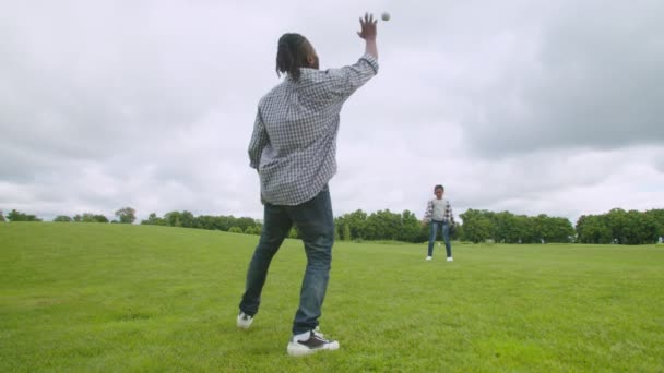 Радісний чорний батько і син практикують бейсбольні навички на зеленому полі — стокове відео